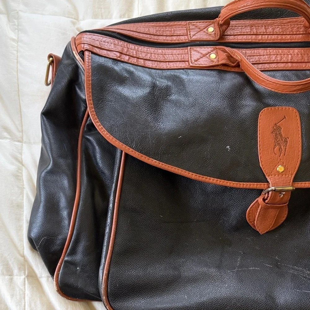 Ralph Lauren Black Leather Briefcase with Brown Trim and Polo Emblem